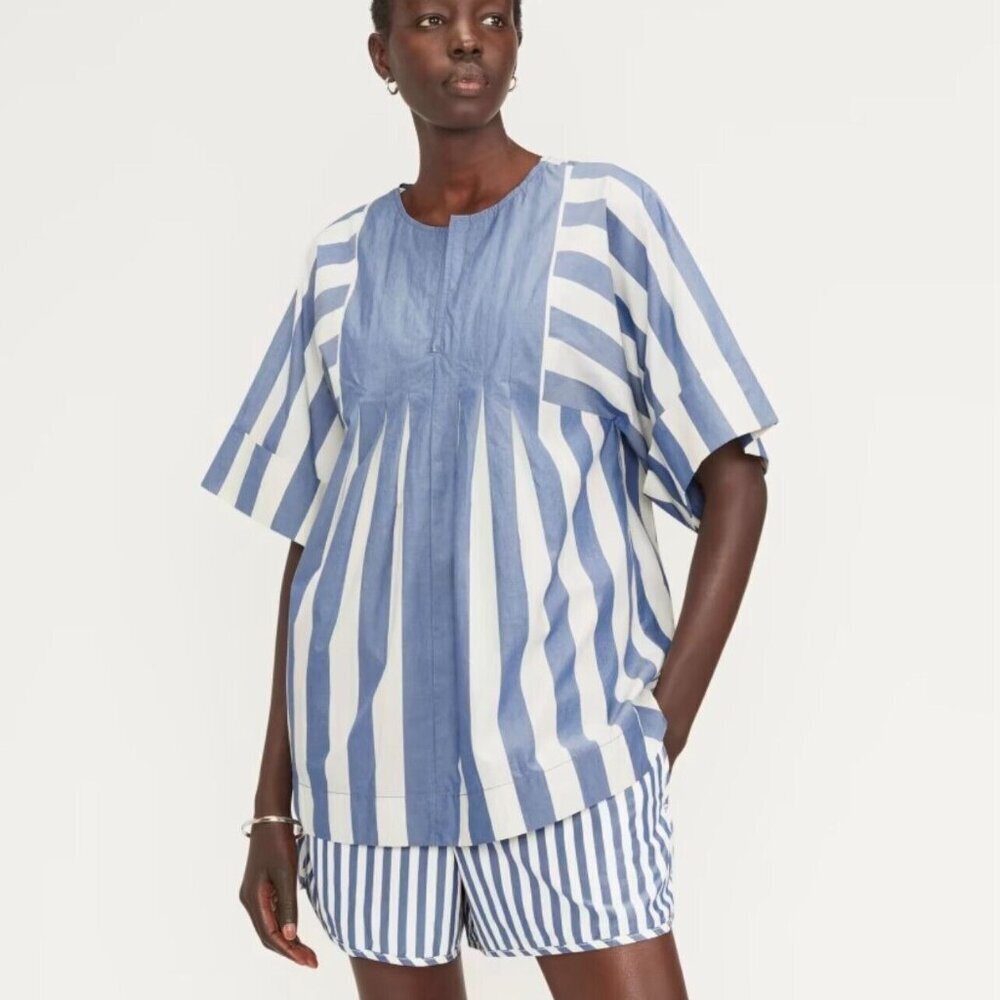 NWT Everlane The Poplin Tunic Mazarine Blue Bone Blouse Size Medium Oversize